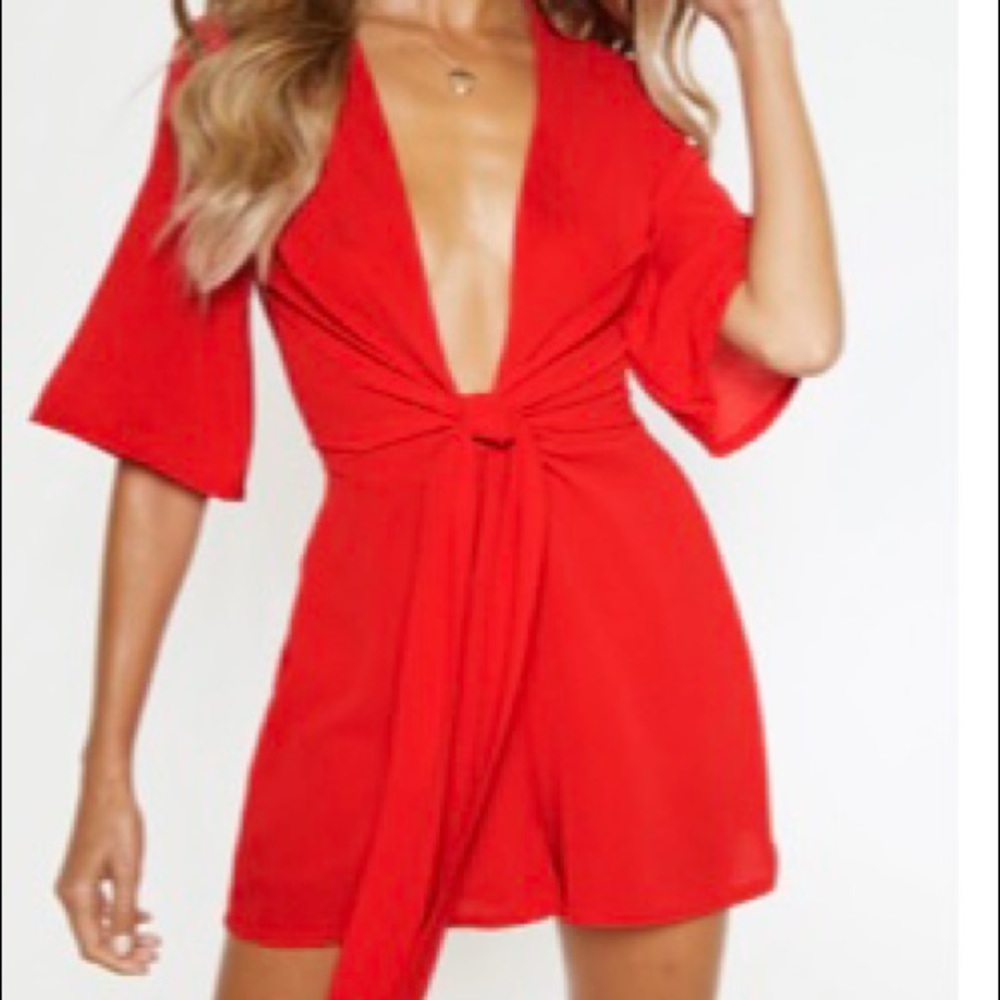 Red tie front romper